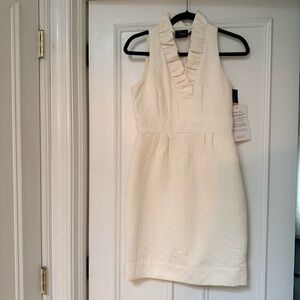 Taylor Cream Off-white Sleeveless Ruffled V-Neck Midi Dress, lined,size 2